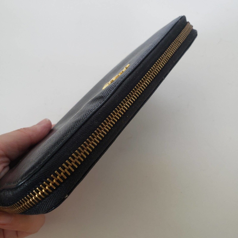 Prada Long Wallet Leather Zipper Black Zip Around Italy Continental Logo Clutch - Picture 5 of 13